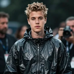 justin bieber wearing a trashbag, cinematic style