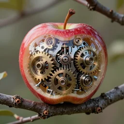 35mm photo of an intricate mechanical apple that has transparent skin and all gears visible inside, growing off a tree branch. very detailed, 8k, fantasy cyberpunk