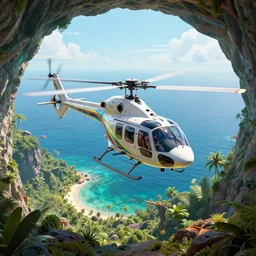 a futuristic twin rotor helicopter hovering in a cave overlooking the ocean photograph, lush jurassic landscape, 4 k, hyper realistic, coherent design, symmetrical, vivid colour, trending on art station, in the style of pi - slices, complementary colour, golden ratio, detailed, sharp lines, intricate, rainbow shift, in unreal 3 d engine, ray tracing, octane render