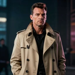 hyperrealistic transcendental rick astley wearing iconic beige trench coat, bladerunner, low key light, rtx on, cgi, unreal engine 5, aperture 1. 2, bokeh