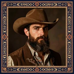 bearded cowboy, portrait, calligraphic borders, persian folkore artstyle