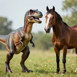 a photo of a velociraptor and a horse holding hands, realistic
