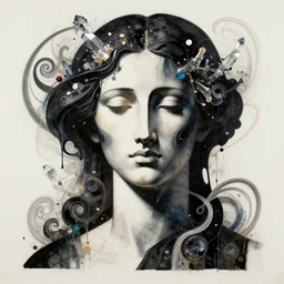 epic concept art. abstract female face silhouette mixing with black and color liquid fluid. crystals and minerals. abstract sculpture. art deco swirls. masterpiece, michelangelo. concept art, matte painting. greg rutkowski, wlop, victo ngai, kandinski