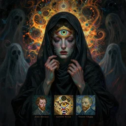 The Mourner's Hood by Karol Bak, Jean Deville, Gustav Klimt, and Vincent Van Gogh, mystic eye, otherworldly, portrait of a weeping hooded faceless figure, shroud, dark drapery, shadowy ghosts, ghost whirlwind, tears, crying, fractal structures, arcane, inferno, inscribed runes, infernal relics, ornate gilded medieval icon, third eye, spirals