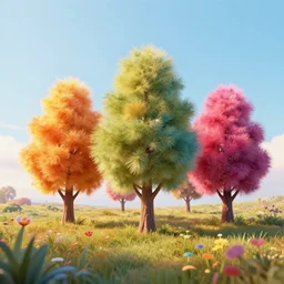 Colorful fluffy trees in a field, octane render, volumetric lighting, 4K