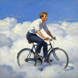 A man riding his bicycle through the clouds in the sky, evokes feelings of wonder and amazement, an expressive oil painting by Wes Wilson
