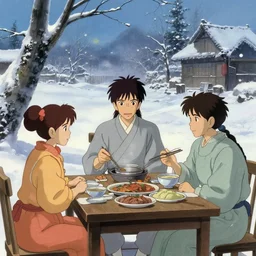 xianxia, having dinner, winter, in the style of studio ghibli, j. c. leyendecker, greg rutkowski, artem