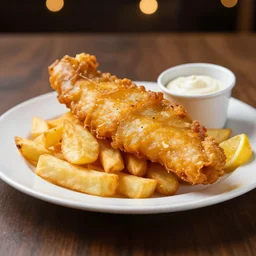 high quality presentation photo of a plate of fish & chips, photography 4k f1.8 anamorphic bokeh 4k Canon Nikon