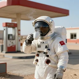 a cosmonaut in a spacesuit drinking steaming cup of coffee, in an abandoned gas station in socotra island, artstation, cinematic, octane render, 4 k, matte painting