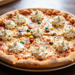 ultimate pizza made with whip cream and candies, award winning, depth of field, 5 0 mm, backlit