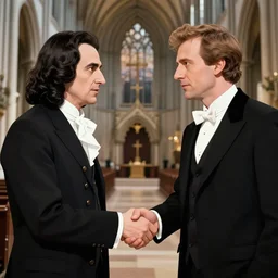 j. s. bach shaking hands with skrillex in a cathedral