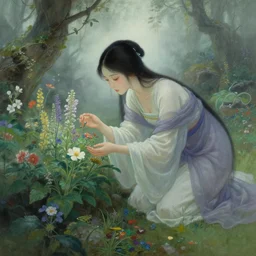 ancient fantasy garden, beautiful woman caring for the flowers, natural pose, fantasy world, ethereal side light, mist, coherent composition, detailed fantasy painting, noriyoshi ohrai, yuumei