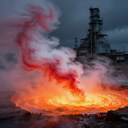 the wind pushed the dense fog hanging over glowing bubbling neon orange pool of radioactive waste to form red white charcoal tie dye clouds, in the background the abandoned nuclear plant loomed, digital concept art by Simon Stalenhag, Beeple, Jeffrey Smith, Unreal Engine, 8k HDR