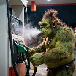 a troll, drinking gas from a gas station pump. fuel everywhere. a troll, ogre, gargoyle drinking from a fuel pump. high quality sharp focus, beautiful volumetric light. photograph by tooth wu, wlop, beeple, dan mumfor, octane render, artstation