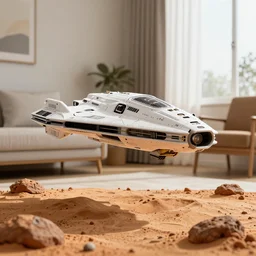 A octane render of a miniature futuristic spaceship landing on miniature mars in a living room.