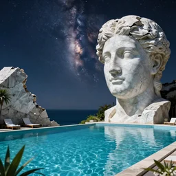 🤪, peter tarka, minimalistic, hyperrealistic surrealism, award winning masterpiece with incredible details, epic stunning, infinity pool, a surreal vaporwave liminal space, highly detailed, trending on ArtStation, artgerm and greg rutkowski and alphonse mucha, daily deviation, IAMAG, broken giant marble head statue ruins, nightscape, milkyway 🤪
