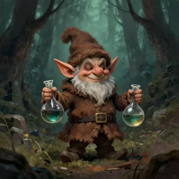 tiny evil alchemist gnome, brown tuffle coat, evil smile, flasks in hands, dnd, deforested forest background, grimdark, abstract, matte painting, by midjourney