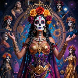 beautiful ecstatic android! woman deity. fantasy, blade runner, photorealistic, interstellar, intricate detailed environment. ( el dia los muertos ), 8 k, hd. photo by terry o'neil and artgerm and greg rutkowski and alphonse mucha and loish and wlop