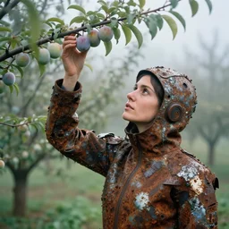 a closeup portrait of a woman wearing a ski suit made of rusted metal scraps, picking plums from a tree in an orchard, foggy, moody, photograph, by vincent desiderio, canon eos c 3 0 0, ƒ 1. 8, 3 5 mm, 8 k, medium - format print