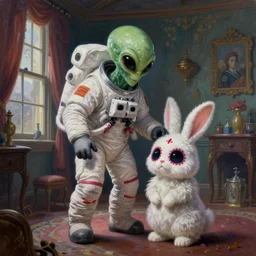 an evil alien astronaut, stalks a cute fluffy dia de los muertos bunny, matte sharp painting shabby chic room with windows james gurney, artgerm, lisa frank, artstation behance storybook gary baseman, preston blair, tex avery, dan mumford, pedro correa