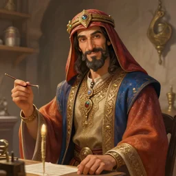 a charming sorcerer tailor of middle - eastern descent, dressed in fine colorful robes and sporting a goatee, smirking, fantasy digital painting by barret frymire by artem priakhin, high resolution 4 k