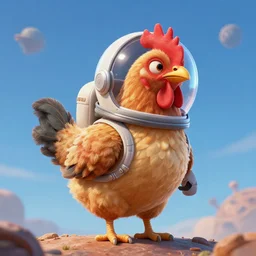 a lonely chicken wearing a space suit without helmet in a alien planet, profile picture, digital art, concept art, trending on DeviantArt, highly detailed, high quality, 4K, cartoon, high coherence, path traced, blue sky in the background, octane render, digital painting, no helmet, masterpiece, anatomically correct, hyperrealistic