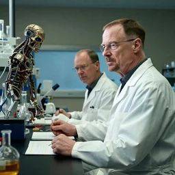 walter white working side by side with a terminator in a chemistry lab, high res photograph,
