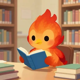 a cute firebirdy reading a book in a library #animation