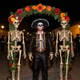 skeletons, flowers and vines celebrating cinco de mayo at night by basil gogos