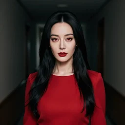 portrait of a woman with long black hair and red eyes standing in a dark hallway, wearing a red dress, 8k, photography, professional, detailed face, beautiful, cinematic lighting, film, high quality, depth of field, dark colors,
