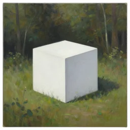 oil painting of a white concrete cube sitting in the middle of a forest clearing