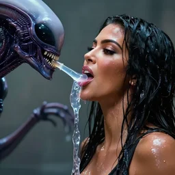 cinematic still of kim kardashian being mouth fed by an xenomorph feeding her a transparent alien liquid, wet flowing hair, gooey skin, illustration, unreal engine 5, 8 k, directed by h. r. giger.