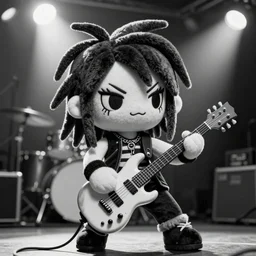cute fumo plush of a crazy metalhead girl who is absolutely shredding a power cord riff, heavy metal concert, vray, black and white