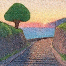 a lonely cobblestone street with a tree on a cliff over the sea at sunset, 2d illustration, kawaii manga style, flat style, artstation