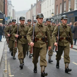irish rebel soldiers in 1 9 1 6 marching down a street in dublin with their rifles, highly detailed, digital painting, concept art, sharp focus, by makoto shinkai