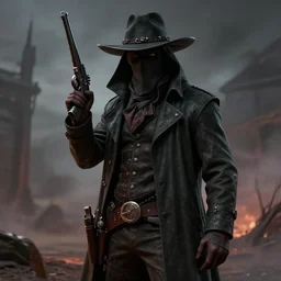 a portrait of a plague doctor gunslinger, dark fantasy, horror, western, hell, ultrafine detailed digital pencil art by takeshi obata and mike mignola and greg rutkowski, death note style, colored, symmetric body, cgsociety, sharp focus, detailed face, looking at the camera