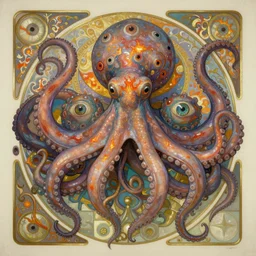 kraken deity, holy cephalopod thick and strong tentacles, many eyes and tendrils digital oil paining by artgerm, greg rutkowski, mucha, alex ries portrait | art nouveau. d & d. ornate intricate detail, complimentary burning colors. sharp edges. clear detailed. 8 k. elegance