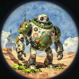 wholesome animation key shot, fish eye lens, intricate, parka explore robot schwerer gustav!!!!, desert, green moss, ambient occlusion, studio ghibli, pixar, disney concept art watercolor illustration by alena aenami, bloom!!! dramatic lighting, alphonse mucha, blue sky, shadows