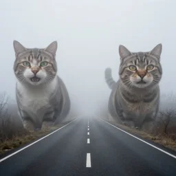 An extreme long shot photo of a foggy deserted road, giant smiling cats barely visible on the fog, megalophobia, 1120mm lens
