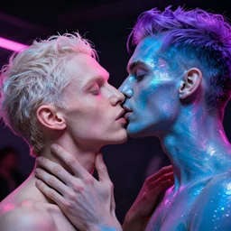hyperrealistic close-up of beautiful albino man kissing another man with purple hair and pearlescent blue skin james paick machiej kuciara very dramatic neon lighting on one side wide angle 35mm shallow depth of field