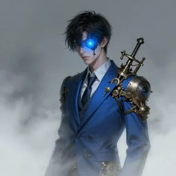 man in a blue suit with a blue light on his face, a character portrait by Ryūsei Kishida,, trending on cgsociety, vanitas, made of mist, steampunk, mist