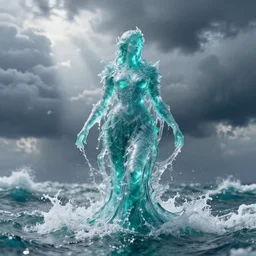 colossus made of water, made of liquid, rising up from ocean, water armor, high detail, high contrast, close up portrait, studio lighting, stormy seas, beautiful, bokeh, snowy, storm clouds, god rays, d & d, fantasy, elegant, aquamarine color palette, concept art, roger deakins and greg rutkowski and alphonse mucha