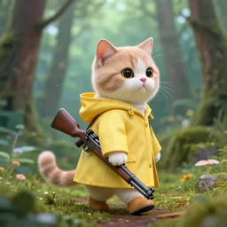 portait of a cute humanoid cat wearing a yellow raincoat, venturing through a dense forest, carrying a rifle. realistic 4 k octane render, epic composition, magical atmosphere, ultra hd, masterpiece by petros afshar and rembrandt, trending on artstation, looking back over shoulder, pastel colors, extremely detailed, gorgeous