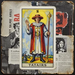 analogue mixed media collage with canvas texture, the magician tarot card, masterpiece, perfect composition, spectacular quality, intricate oil details, torn paper, magazine pages
