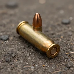 A spent rifle cartridge on the ground, macro, 8k, gritty