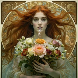 closeup portrait of a beautiful mysterious woman gypsy, holding a bouquet of flowers, hands disappeared under the bouquet, flowing hair, underwater, bubbles from the mouth, fantasy, regal, intricate, art nouveau, swirly intricate linework background by stanley artgerm lau, greg rutkowski, thomas kinkade, alphonse mucha, loish, norman rockwell