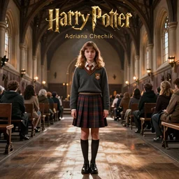 Adriana Chechik in Hogwarts uniform, short tartan skirt, in the great hall of Hogwarts, film still from Harry Potter, art by artgerm and Pet Morbacher