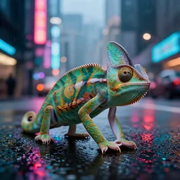 a high quality photo of a chameleon on the streets of a cyberpunk city, rainy, reflective ground, neon lights, realism, 8k