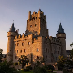 reichsburg cochem castle, sunset lighting, hyperrealism, futurism 4 k, octane render
