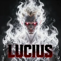 key visual for the dramatic villain Lucius wreathed in white hot flames, Resonant red and white glowing eyes, black background, strong bold type, genetically engineered living weapon, pale blond male, close up focus